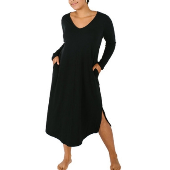 Smash + Tess Friday Dress Black Midi Long Sleeve V-Neck Bamboo Stretch Pockets - Picture 1 of 9